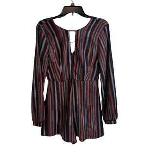 Lush Women M Shorts Romper Stripe Long Sleeve Key Hole Neck One Piece NWT